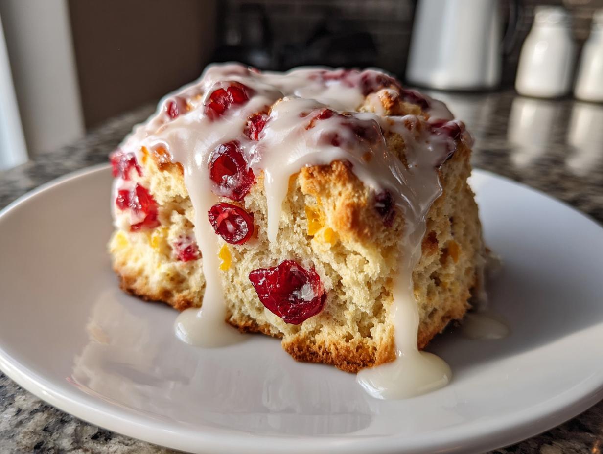 A single, thick cranberry orange scone topped with dripping white glaze, sitting on a white plate.