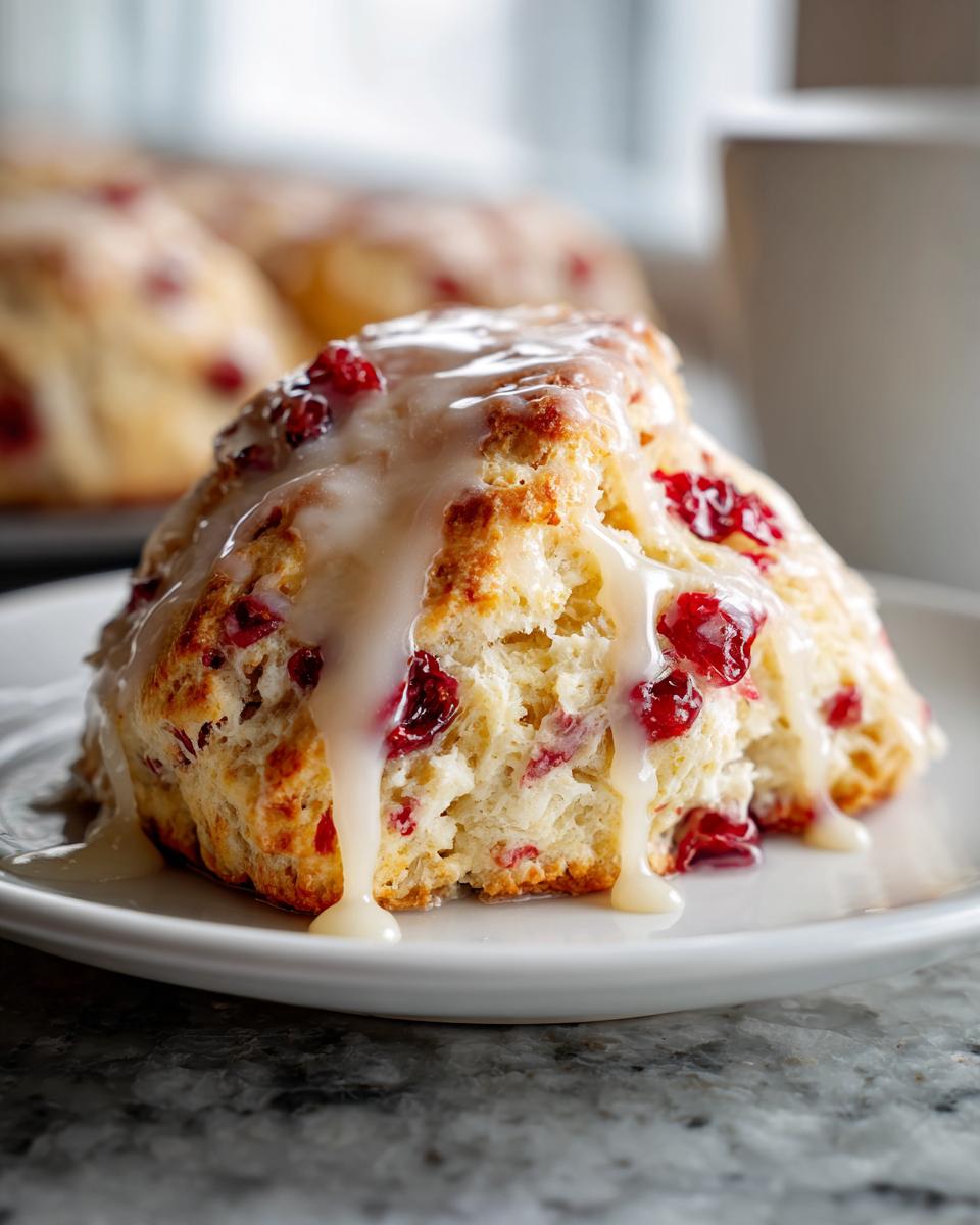 Close-up of a fluffy cranberry orange scone topped with dripping vanilla glaze, served on a white plate.