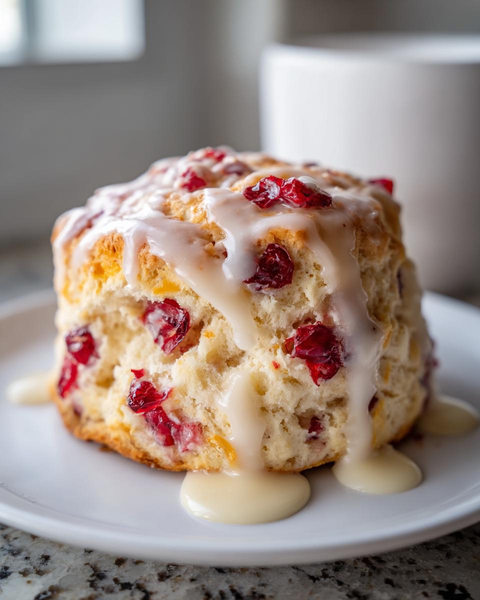 A single, tall cranberry orange scone topped with thick white glaze, served on a white plate.
