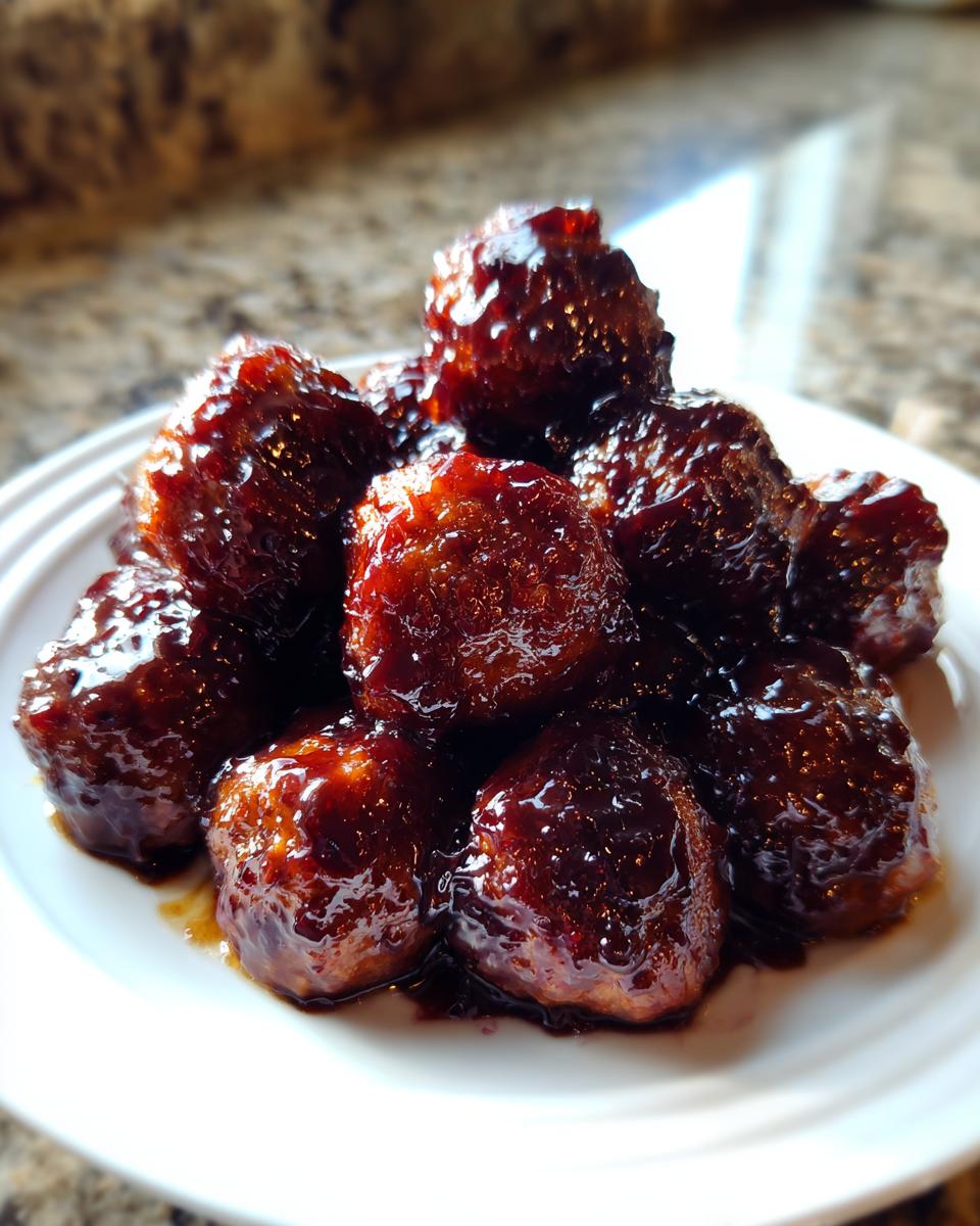 A close-up of several glistening, saucy grape jelly meatballs piled high on a white serving plate.