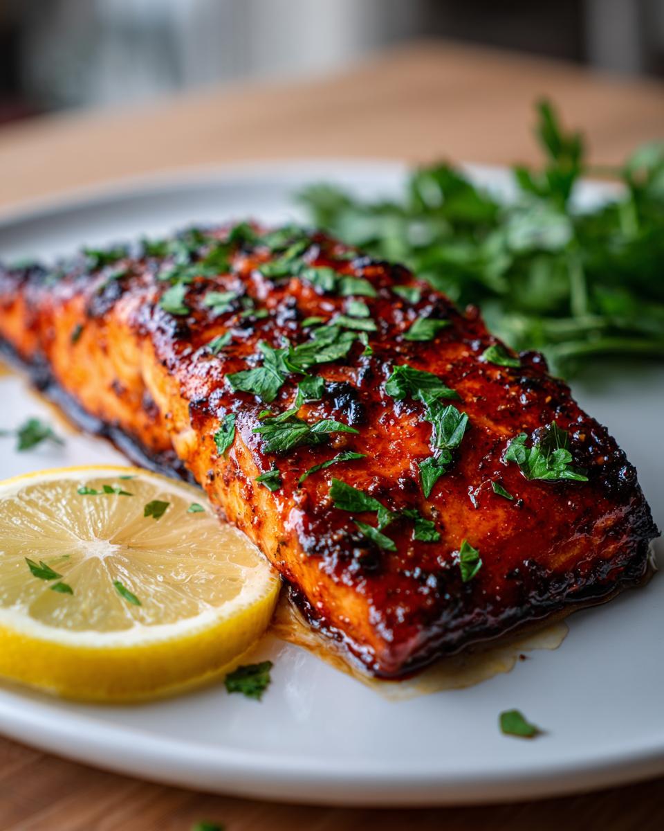 Close-up of a perfectly cooked, glazed salmon fillet topped with fresh parsley and served with a lemon slice.