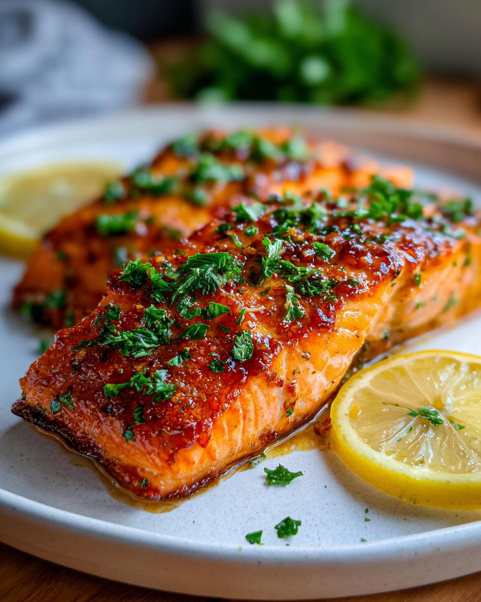 Close-up of a perfectly cooked, glazed salmon fillet topped with fresh parsley and served with lemon slices.