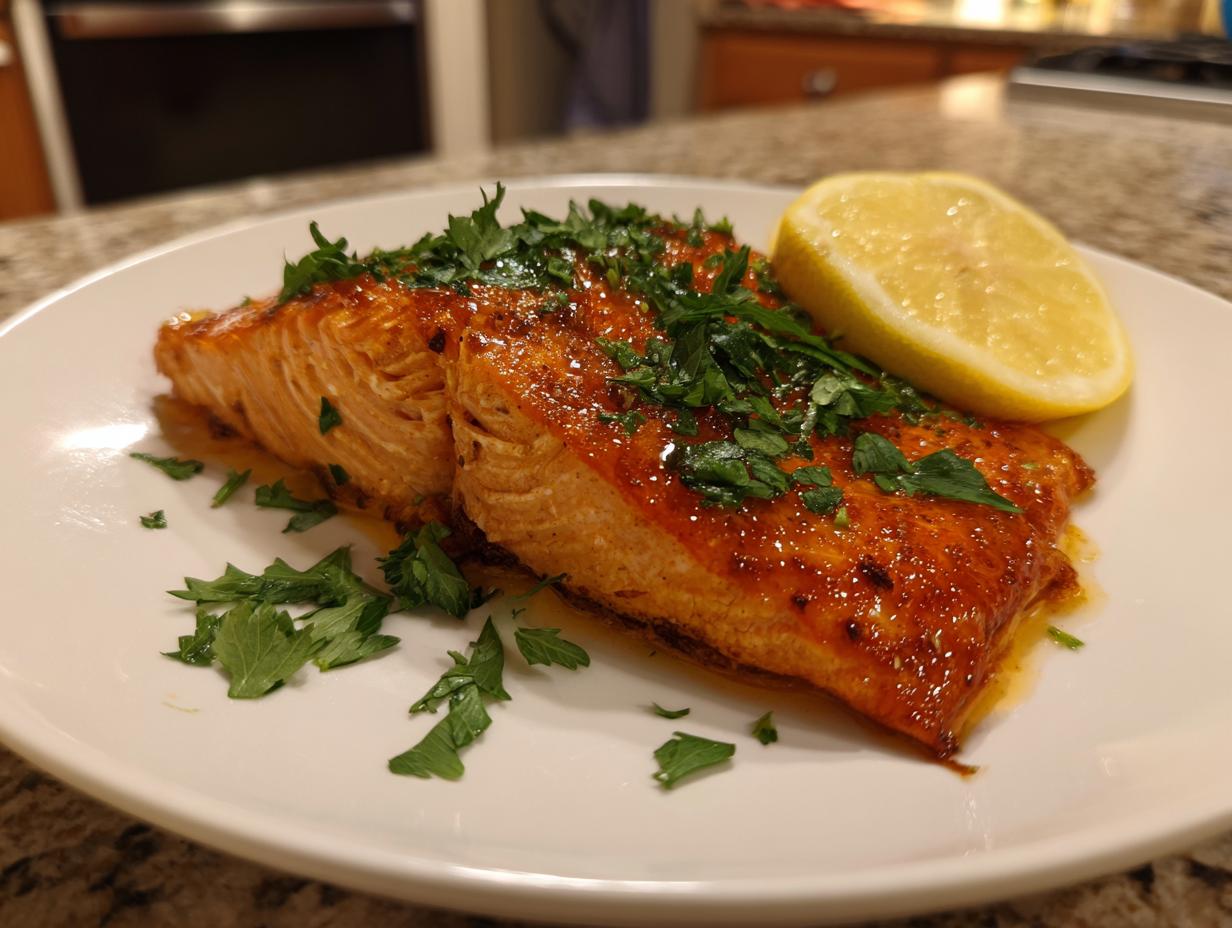 Close-up of a perfectly cooked, glazed salmon fillet garnished with fresh parsley and a lemon wedge.