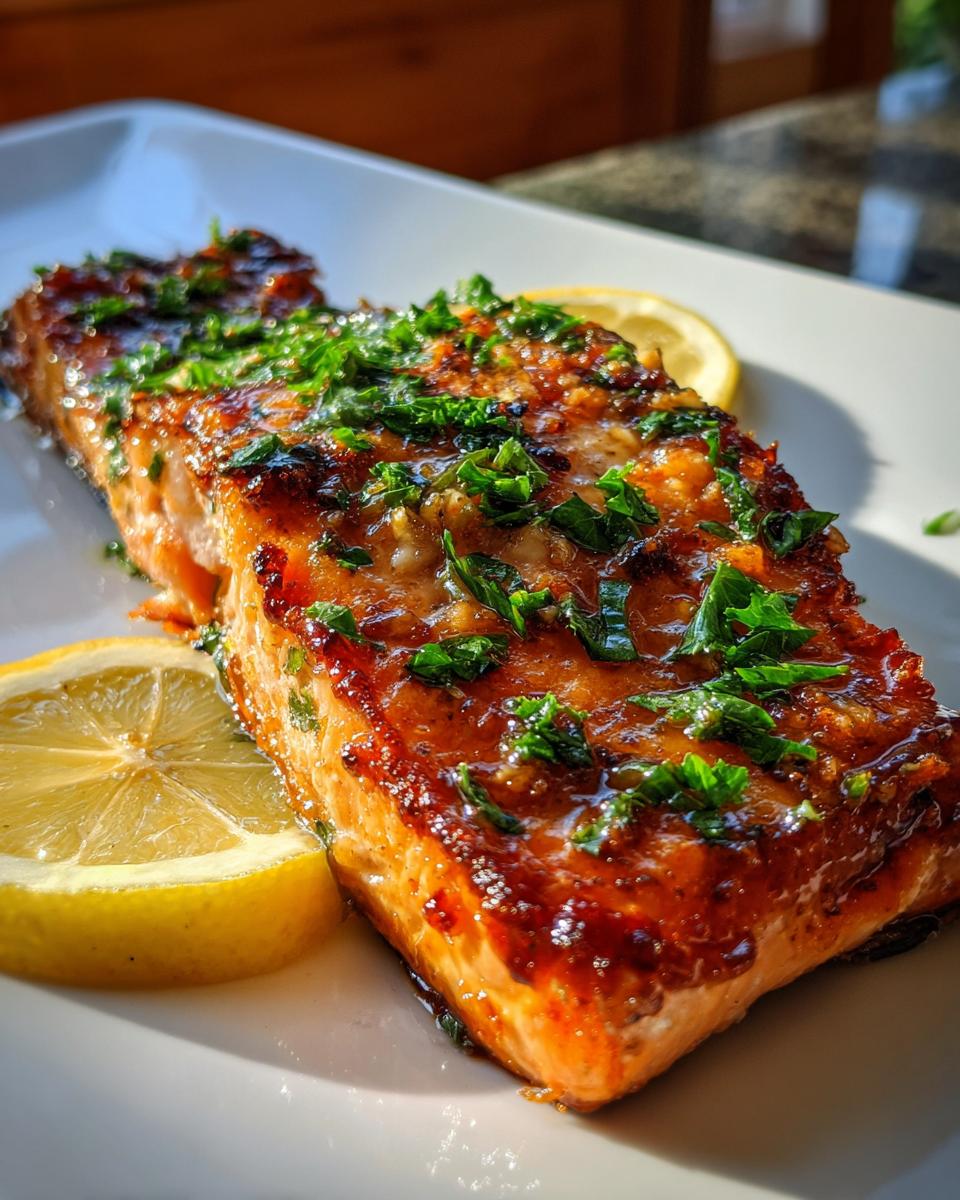 Close-up of a perfectly cooked, glazed salmon fillet topped with fresh parsley, served with lemon slices.