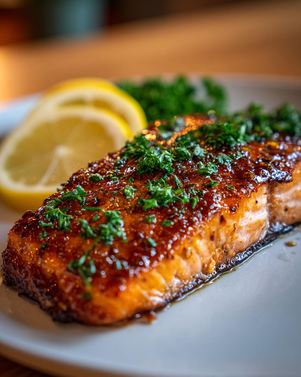 Close-up of a perfectly cooked, glazed salmon fillet topped with fresh chopped parsley, served with lemon slices.