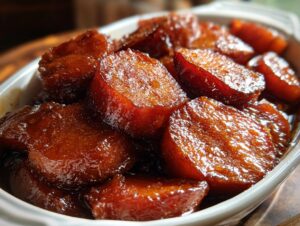 Close-up of thick-cut, glazed southern candied yams glistening in a white serving dish.