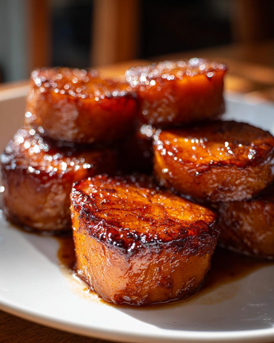 Close-up of thick, round candied sweet potatoes stacked on a white plate, glistening with rich brown glaze.