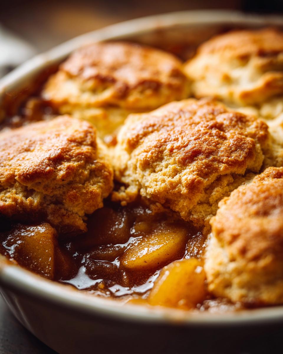 Close-up of a warm apple cobbler with a rich, bubbly filling and golden brown biscuit topping.