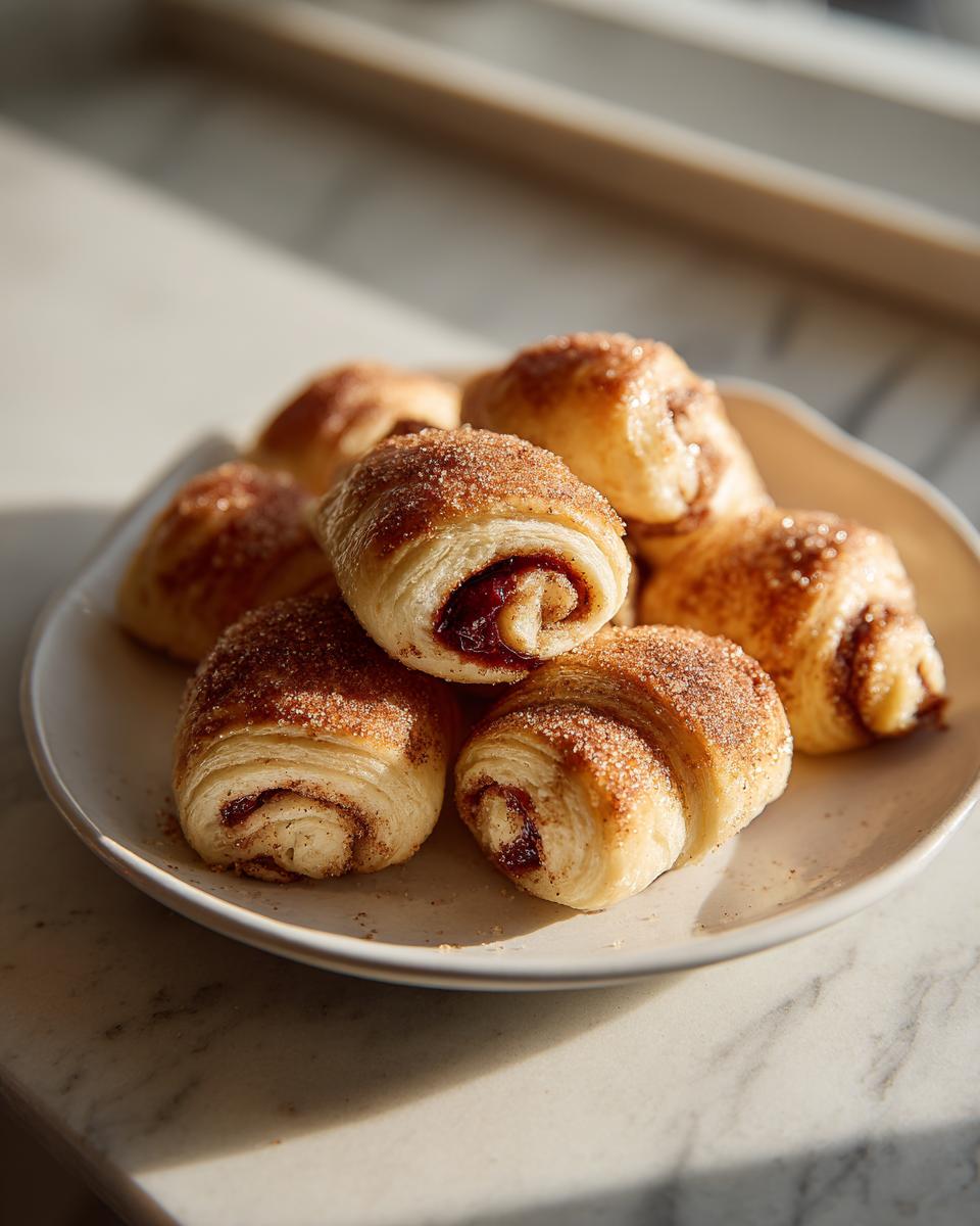 A small pile of freshly baked Rugelach pastries dusted with cinnamon sugar on a light plate.