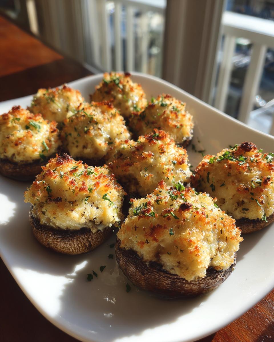 A white platter holds several golden brown, baked stuffed mushrooms topped with breadcrumbs and parsley.