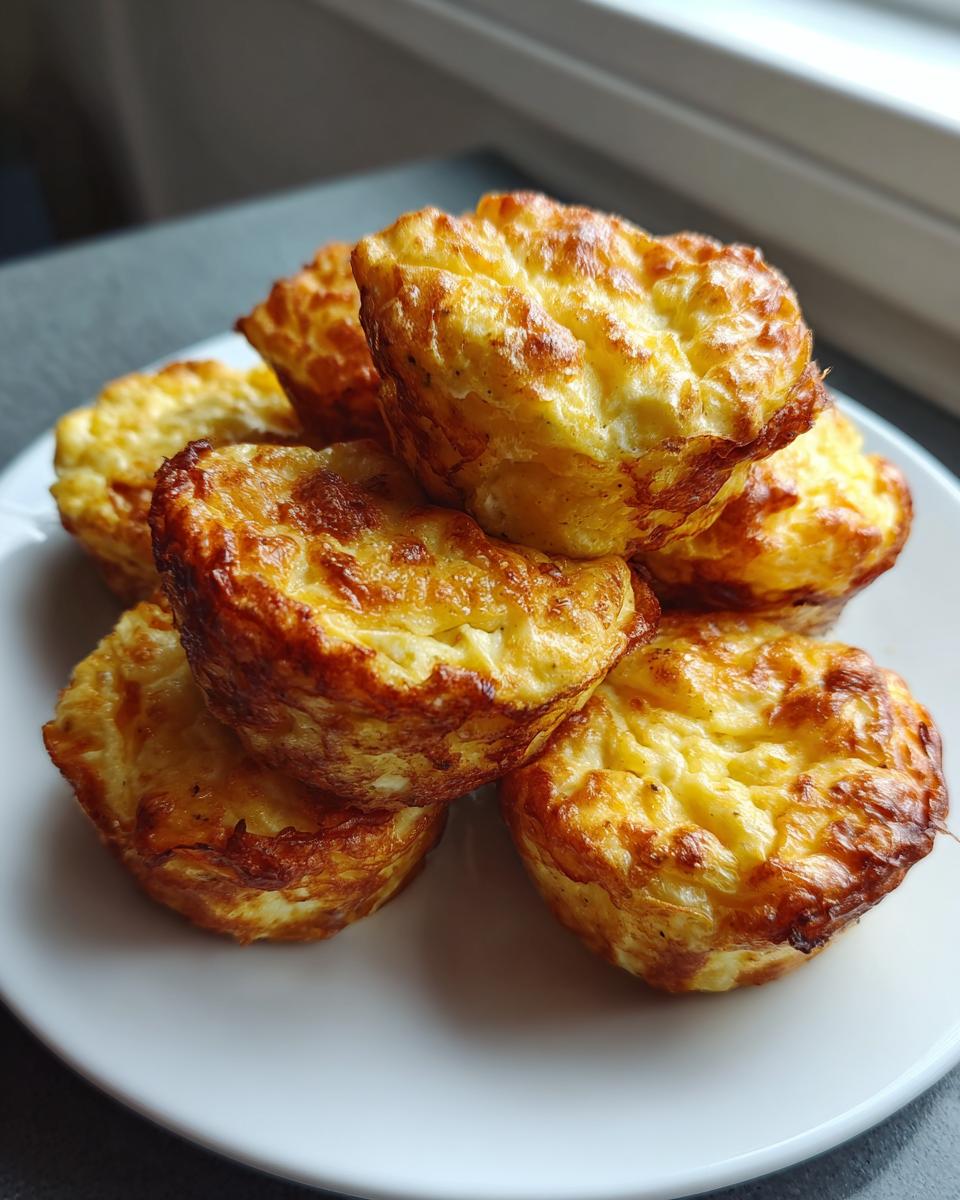 A stack of six golden brown, fluffy homemade egg bites served on a white plate.