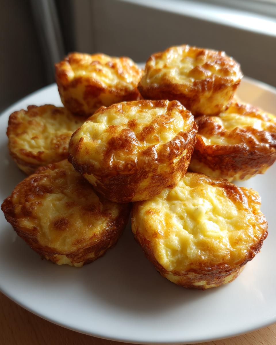 A stack of freshly baked, golden brown egg bites piled on a white plate, ready for breakfast.