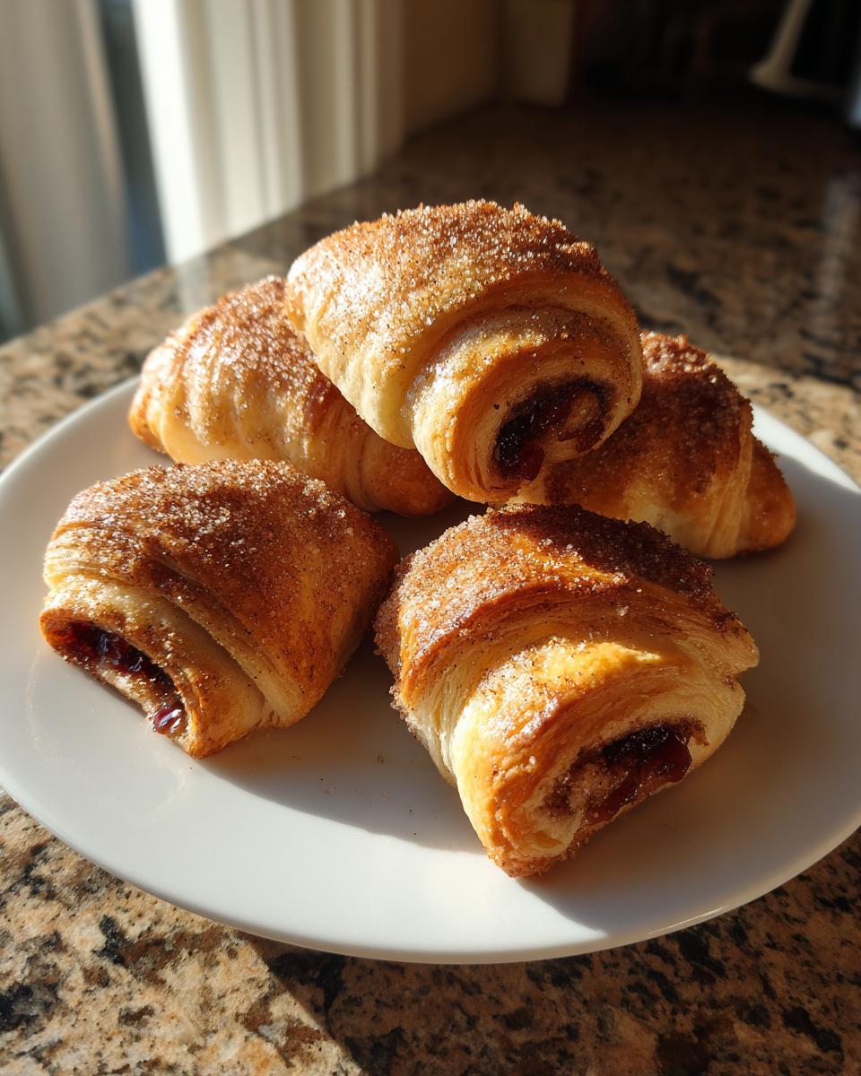 A close-up of four golden brown Rugelach pastries dusted with cinnamon sugar on a white plate.