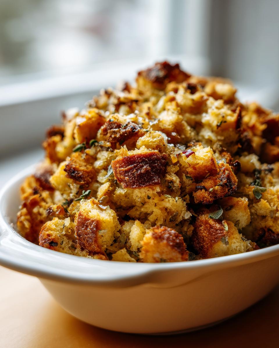 Close-up of fluffy, golden brown crock pot stuffing seasoned with herbs served in a white ceramic bowl.