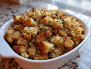 Close-up of golden brown, herbed bread cubes in a white dish, representing delicious crock pot stuffing.