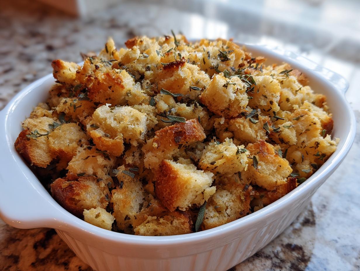 Close-up of golden brown, herbed bread cubes in a white dish, representing delicious crock pot stuffing.