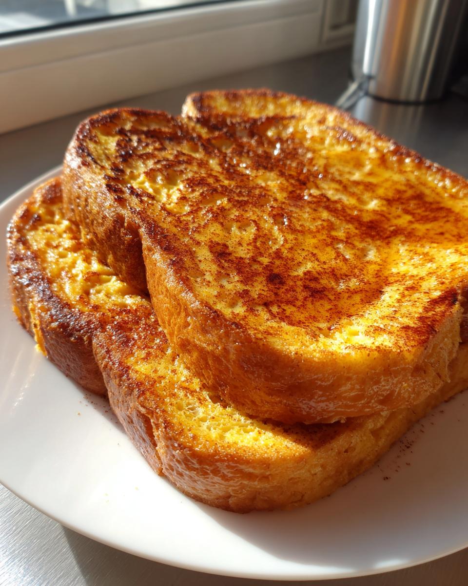 Three golden-brown slices of easy french toast stacked on a white plate, dusted with cinnamon.