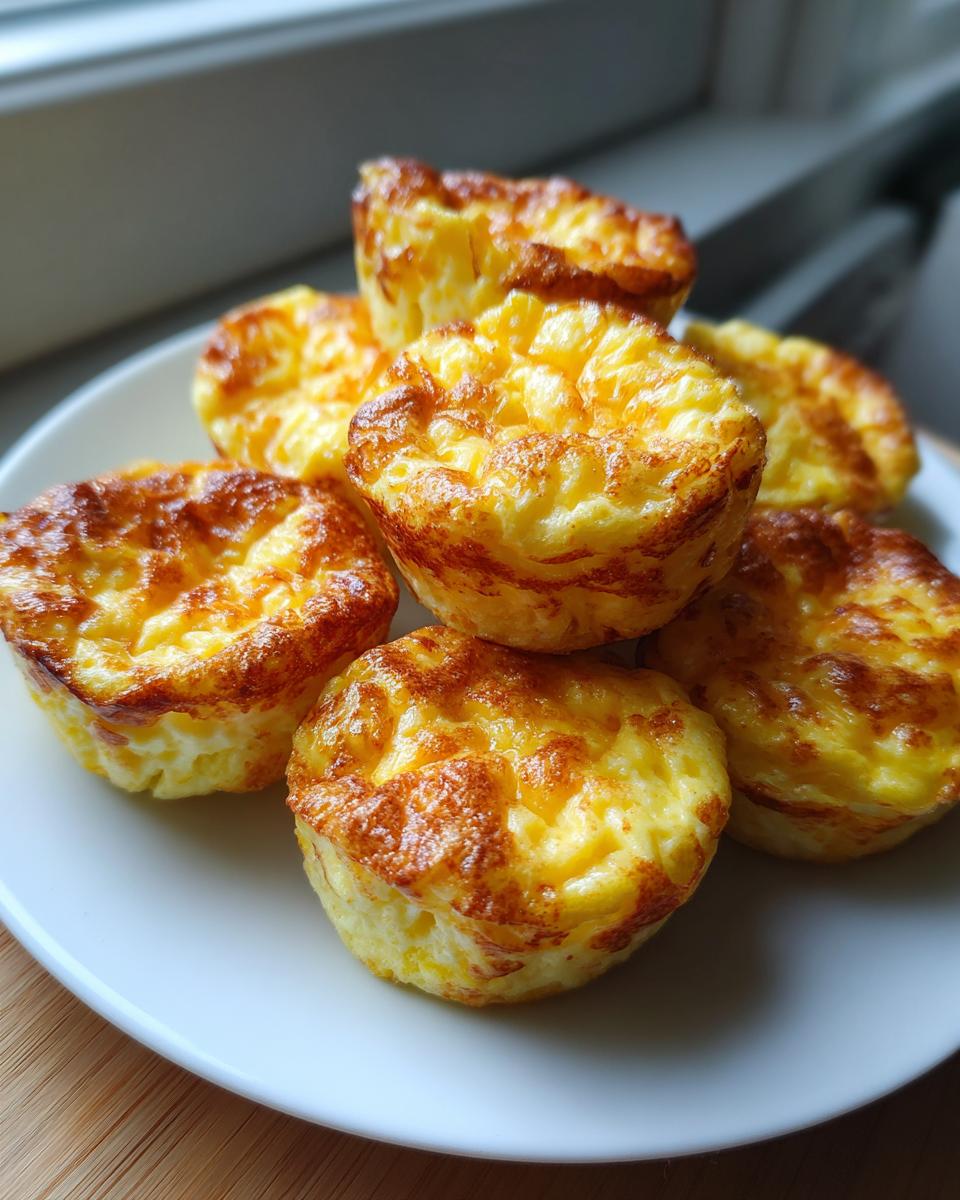A stack of freshly baked, golden brown egg bites piled on a white plate, ready to eat.