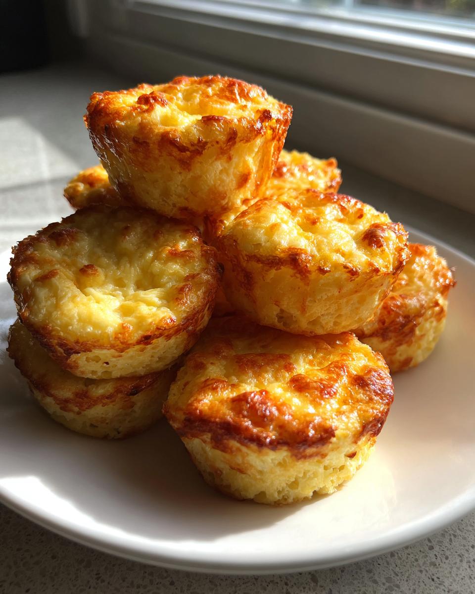 A stack of golden brown, cheesy egg bites piled high on a white plate near a window.