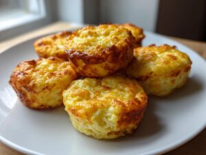 A stack of five golden brown, fluffy egg bites with slightly browned tops served on a white plate.
