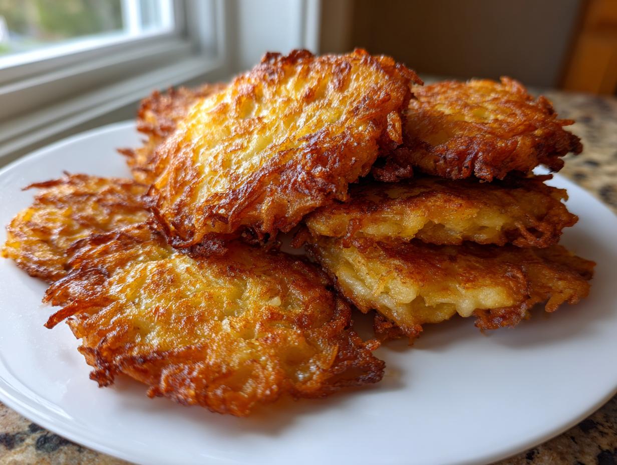 A stack of crispy, golden brown Potato latkes piled high on a white plate, perfectly fried.