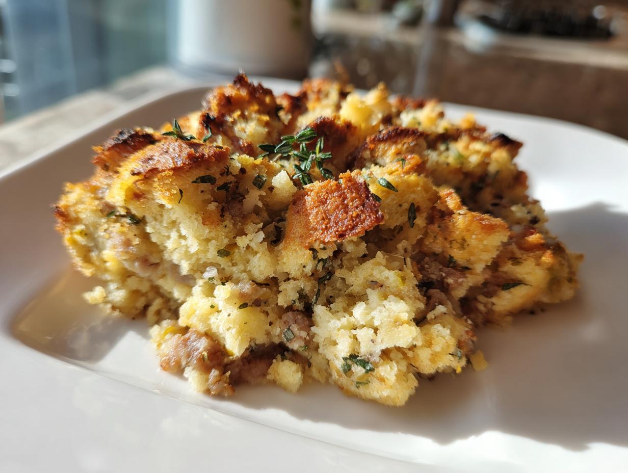 A close-up of a serving of golden brown sausage stuffing, garnished with fresh thyme, on a white plate.