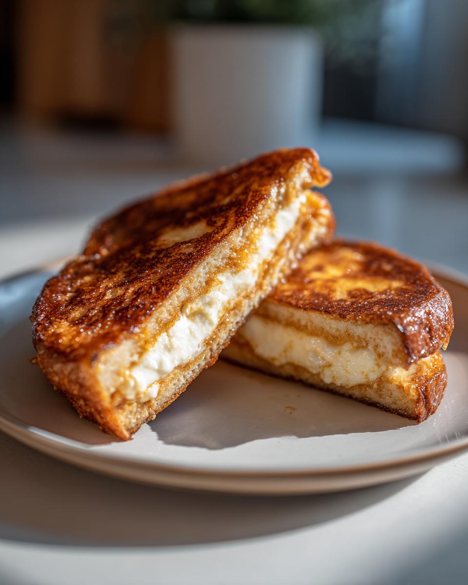 Two halves of golden brown stuffed french toast filled with creamy white cheese on a light plate.