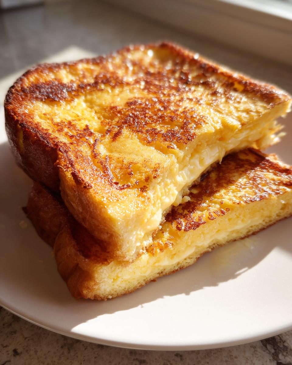 Close-up of golden brown stuffed french toast slices stacked on a white plate, showing a creamy filling.