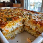 Close-up of a freshly baked sushi bake, showing layers of rice and creamy filling with a golden, cheesy, seasoned top.