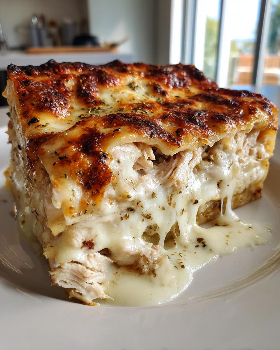 Close-up of a square slice of white sauce chicken lasagna with melted, gooey cheese overflowing.