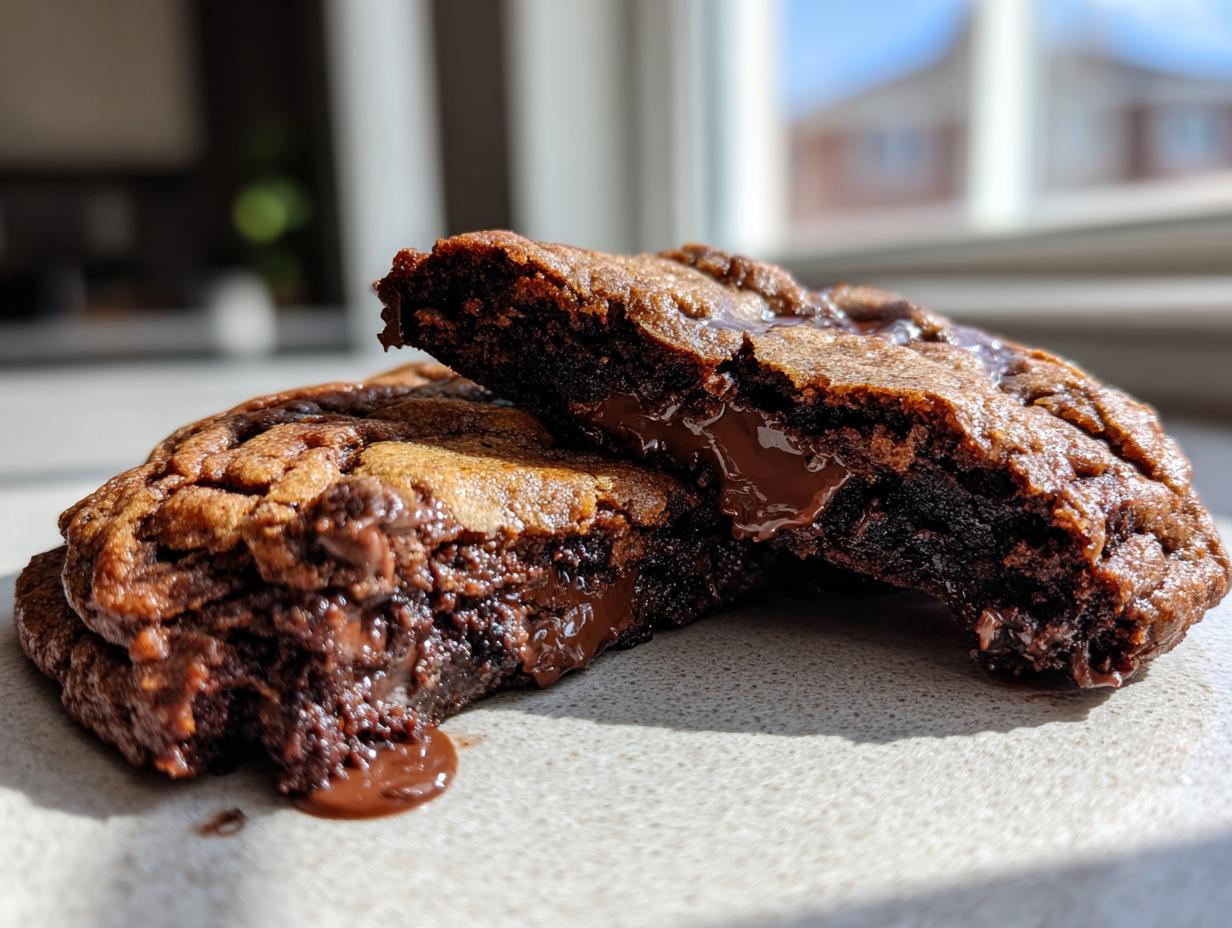 Close-up of a rich, dark chocolate chip cookie broken in half showing molten, gooey chocolate center.