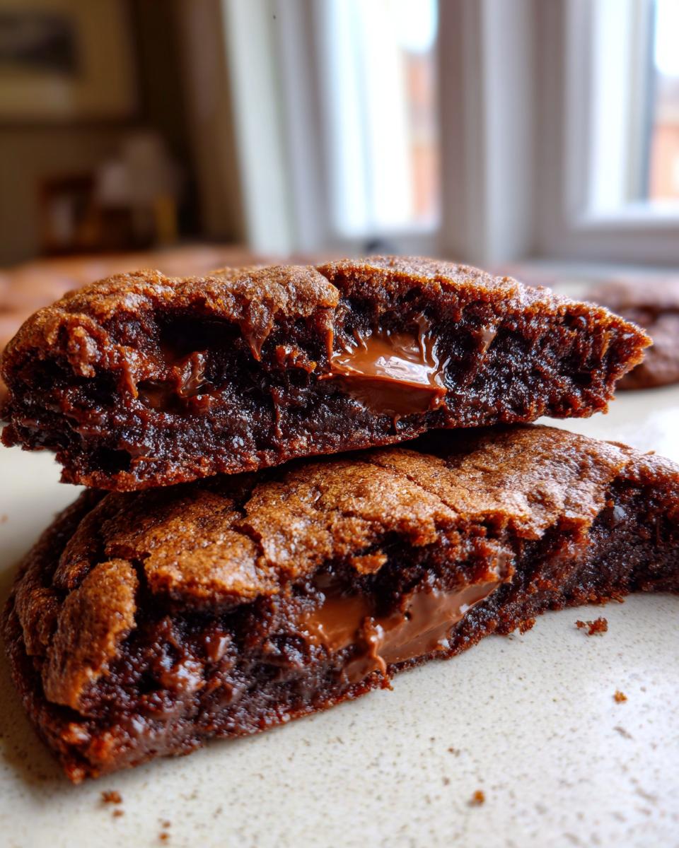 Close-up of a decadent, fudgy chocolate chip cookie broken in half showing gooey, melted chocolate filling.