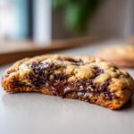 Close-up of a chocolate chip cookie broken in half, showing melted, gooey chocolate chips inside.