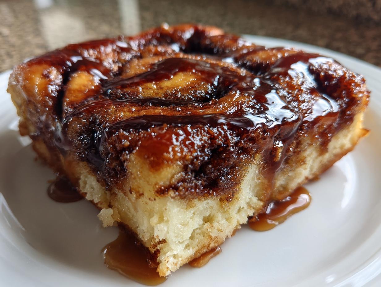 A close-up of a single, moist slice of cinnamon roll casserole topped with shiny caramel glaze.