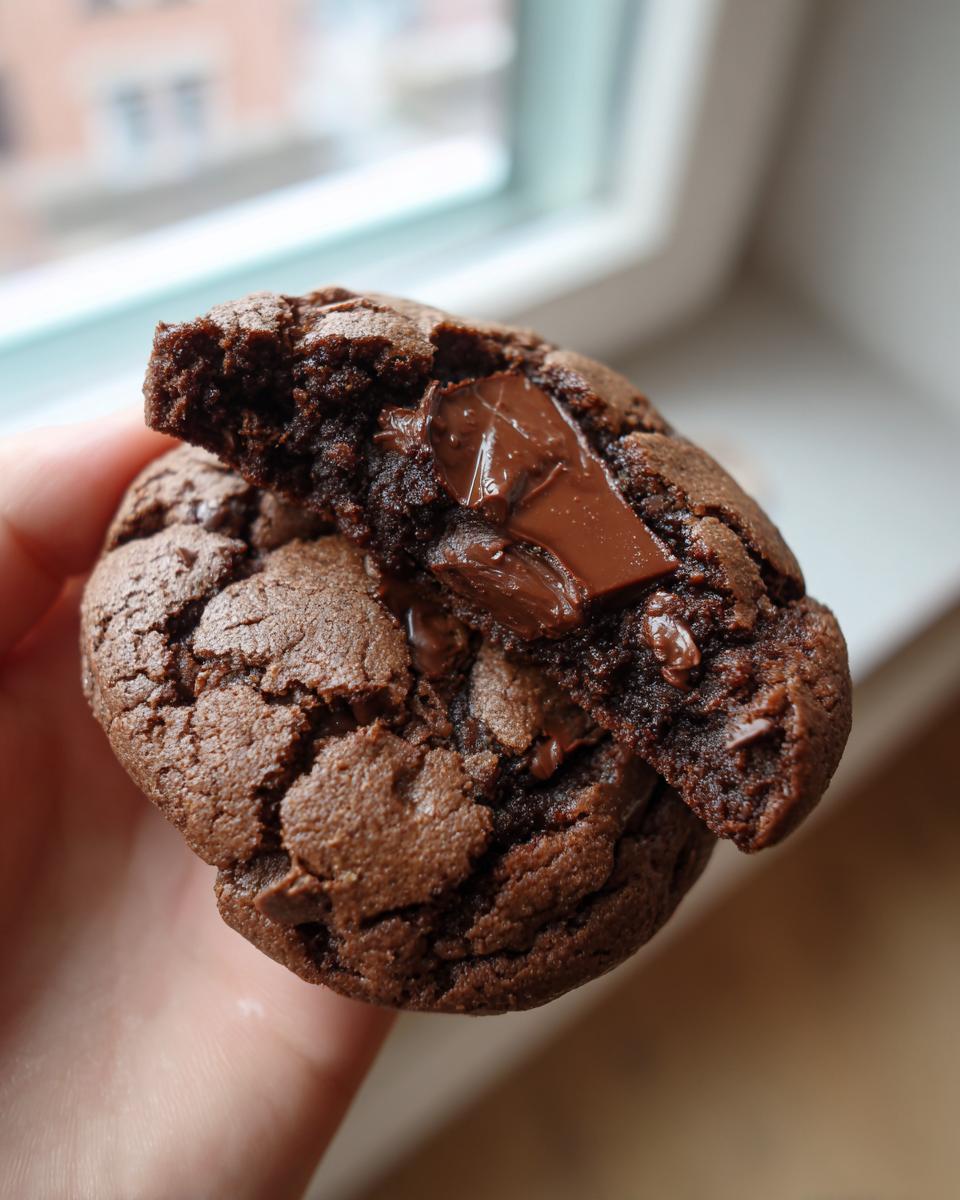 Close-up of a hand holding a rich, dark chocolate chip cookie broken in half, revealing a gooey, melted chocolate center.