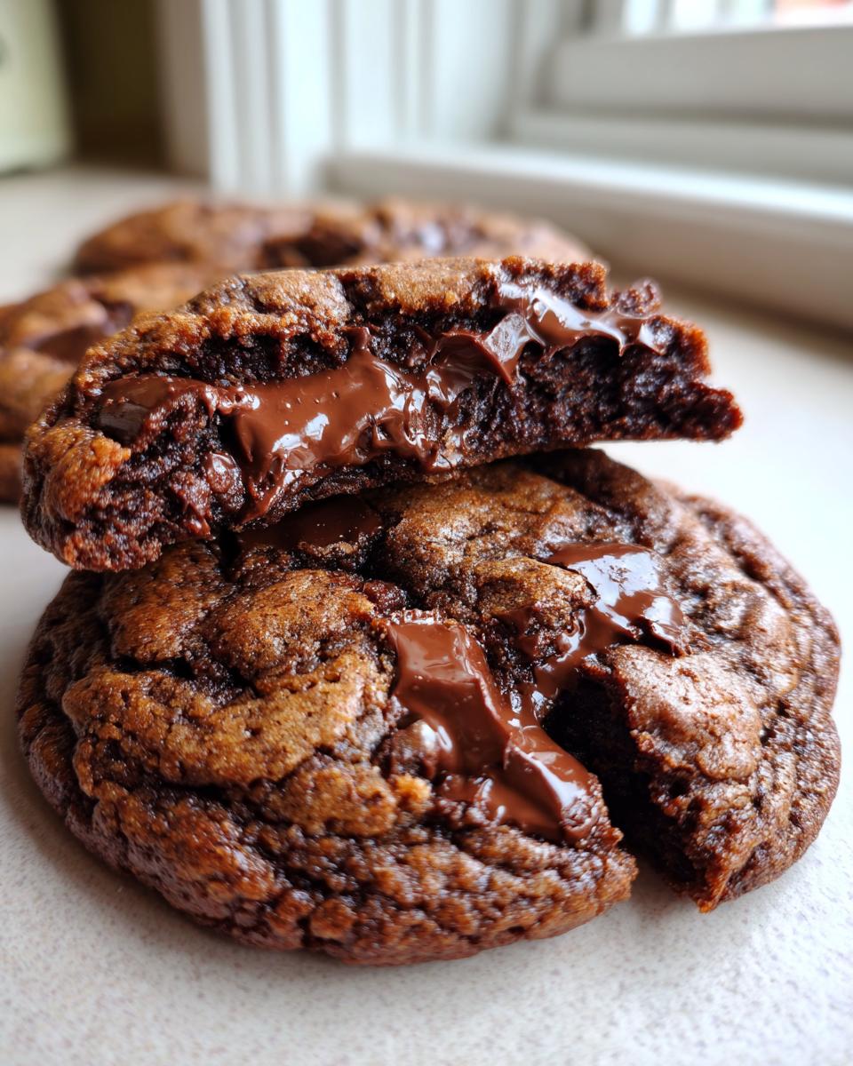 Close-up of a rich, dark chocolate chip cookie broken in half revealing a molten, gooey chocolate center.
