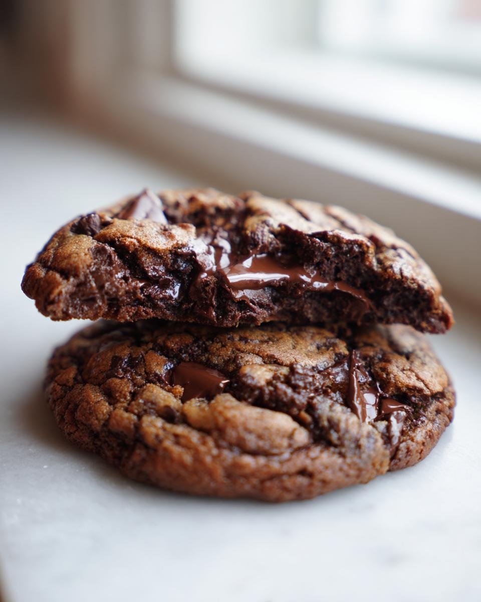 A rich, dark chocolate chip cookie broken in half showing melted chocolate chips inside.