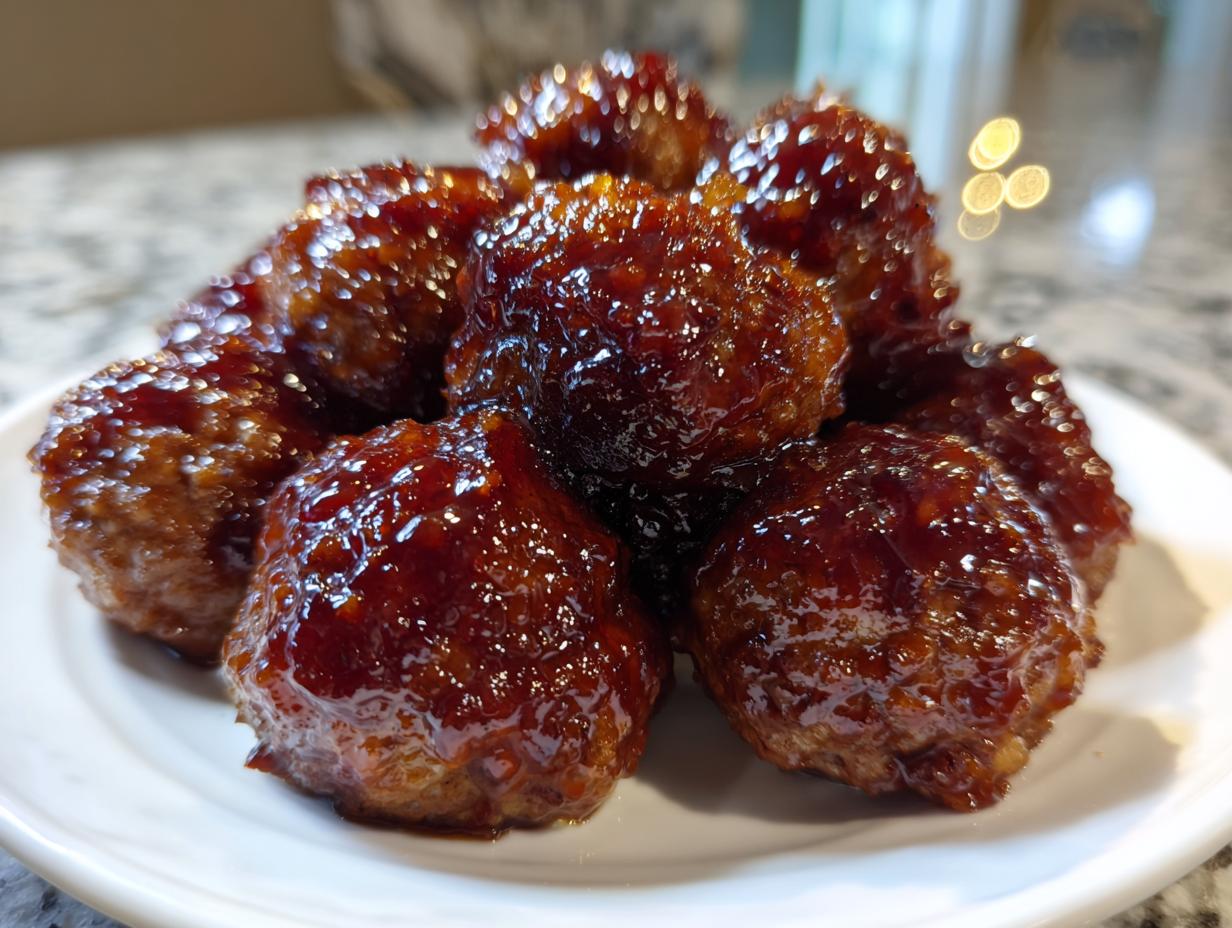 Close-up of several glistening Grape Jelly Meatballs piled high on a white serving plate.