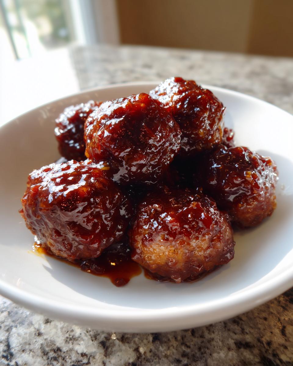 Close-up of several glistening Grape Jelly Meatballs coated in a thick, dark, sweet glaze, served in a small white bowl.