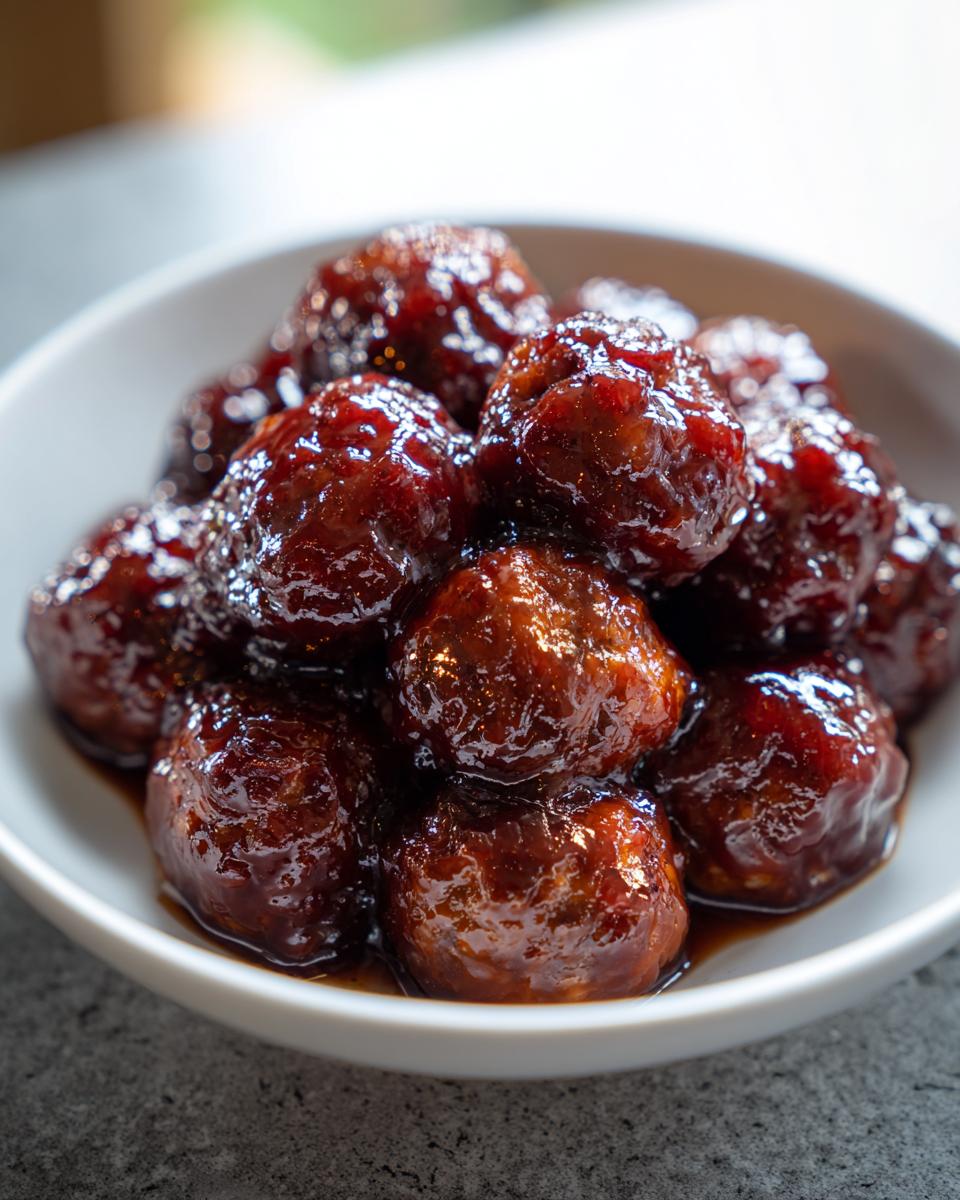 A close-up of shiny, dark-glazed grape jelly meatballs piled high in a white serving bowl.