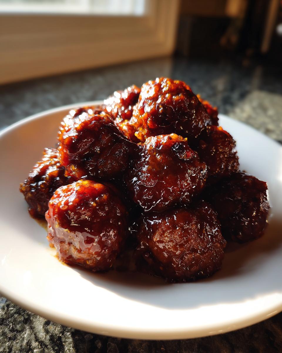 A pile of shiny, glazed grape jelly meatballs coated in a dark, sticky sauce served on a white plate.