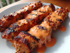 Three grilled bang bang chicken skewers generously drizzled with creamy orange sauce on a white plate.