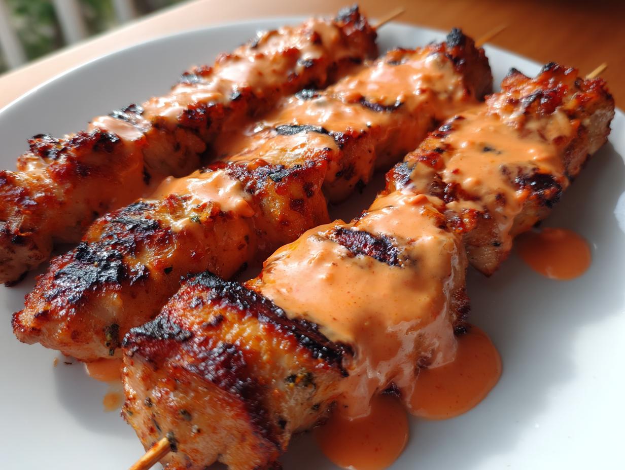 Three grilled bang bang chicken skewers generously drizzled with creamy orange sauce on a white plate.