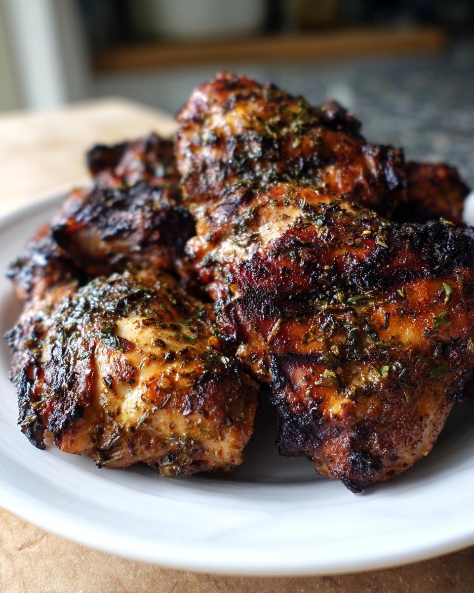 Close-up of grilled chicken thighs coated in a flavorful herb chicken marinade, showing char marks.