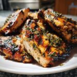 Close-up of grilled chicken pieces coated in herbs, showcasing the results of the chicken marinade.