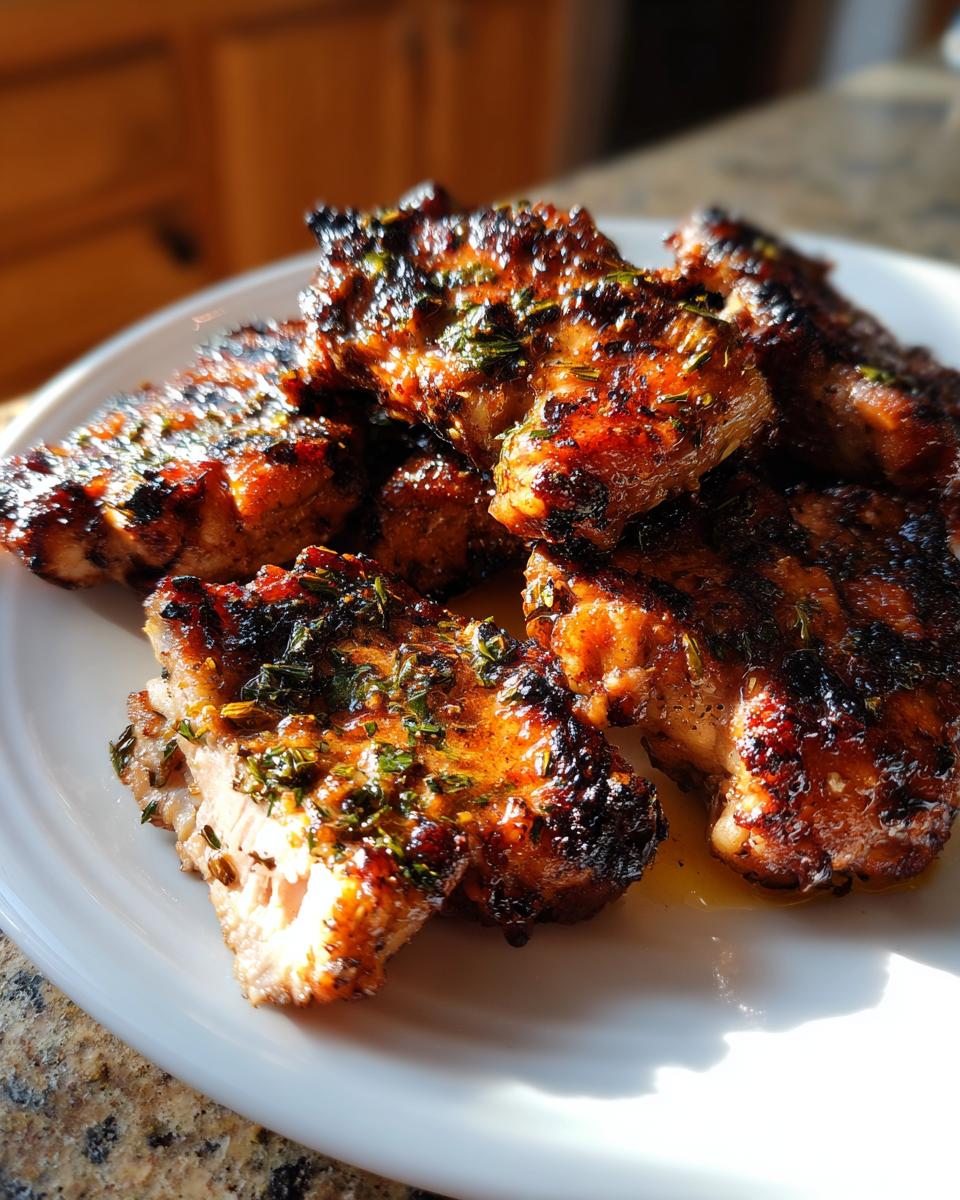 Close-up of grilled chicken pieces coated in a rich, herb-infused chicken marinade, showing char marks.