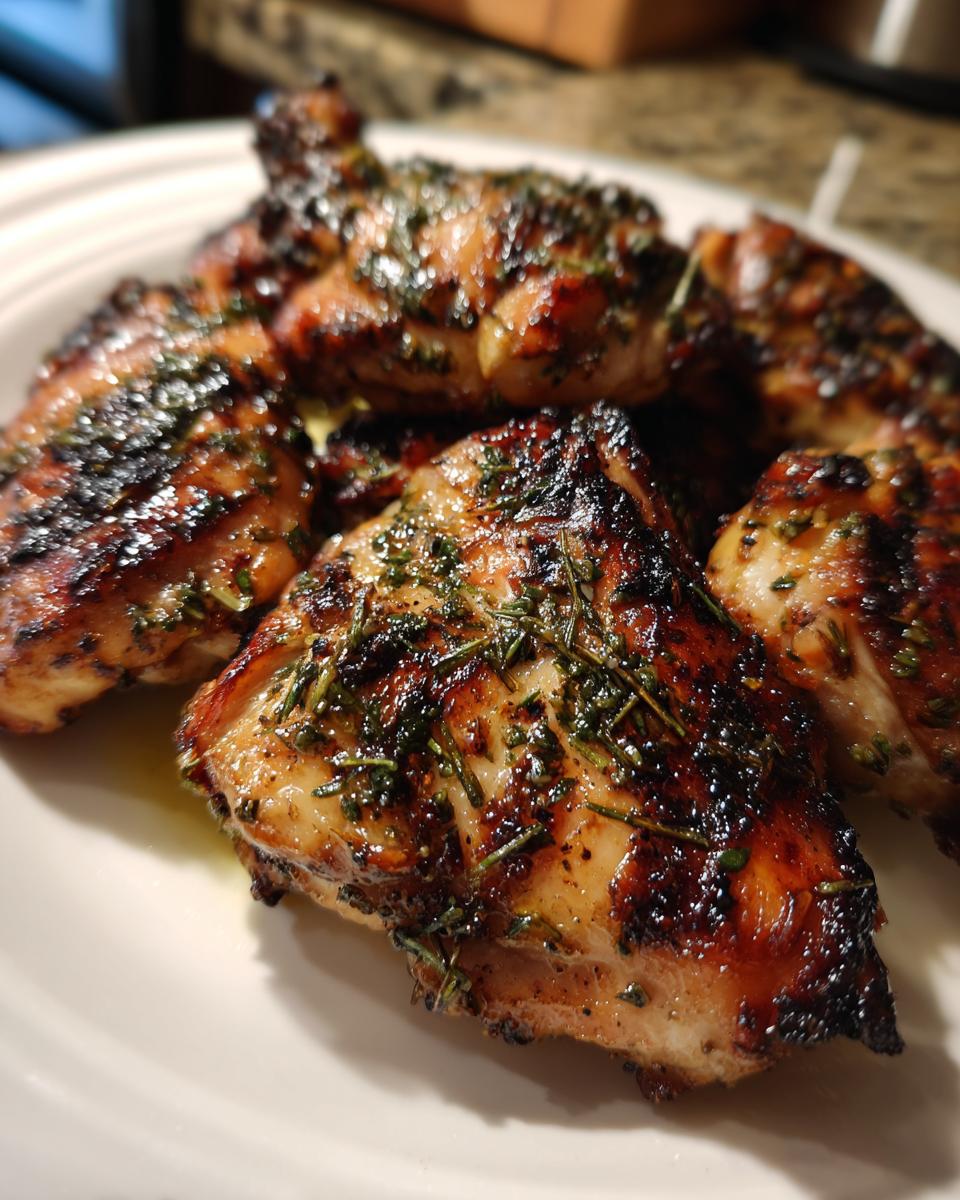 Close-up of grilled chicken pieces coated in a flavorful herb chicken marinade, showing char marks.