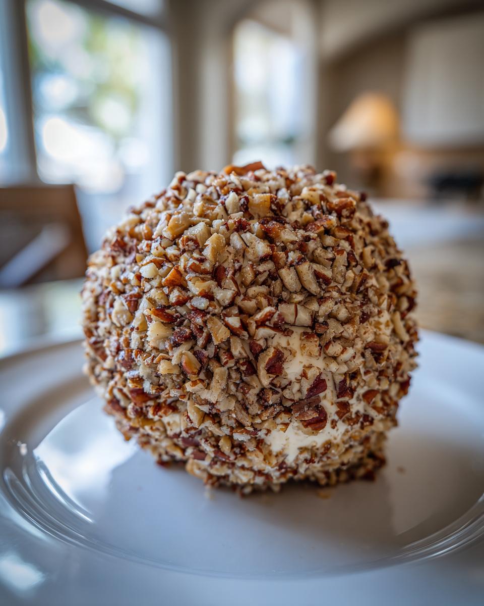 A close-up of a perfectly formed Holiday cheese ball coated entirely in finely chopped pecans, sitting on a white plate.