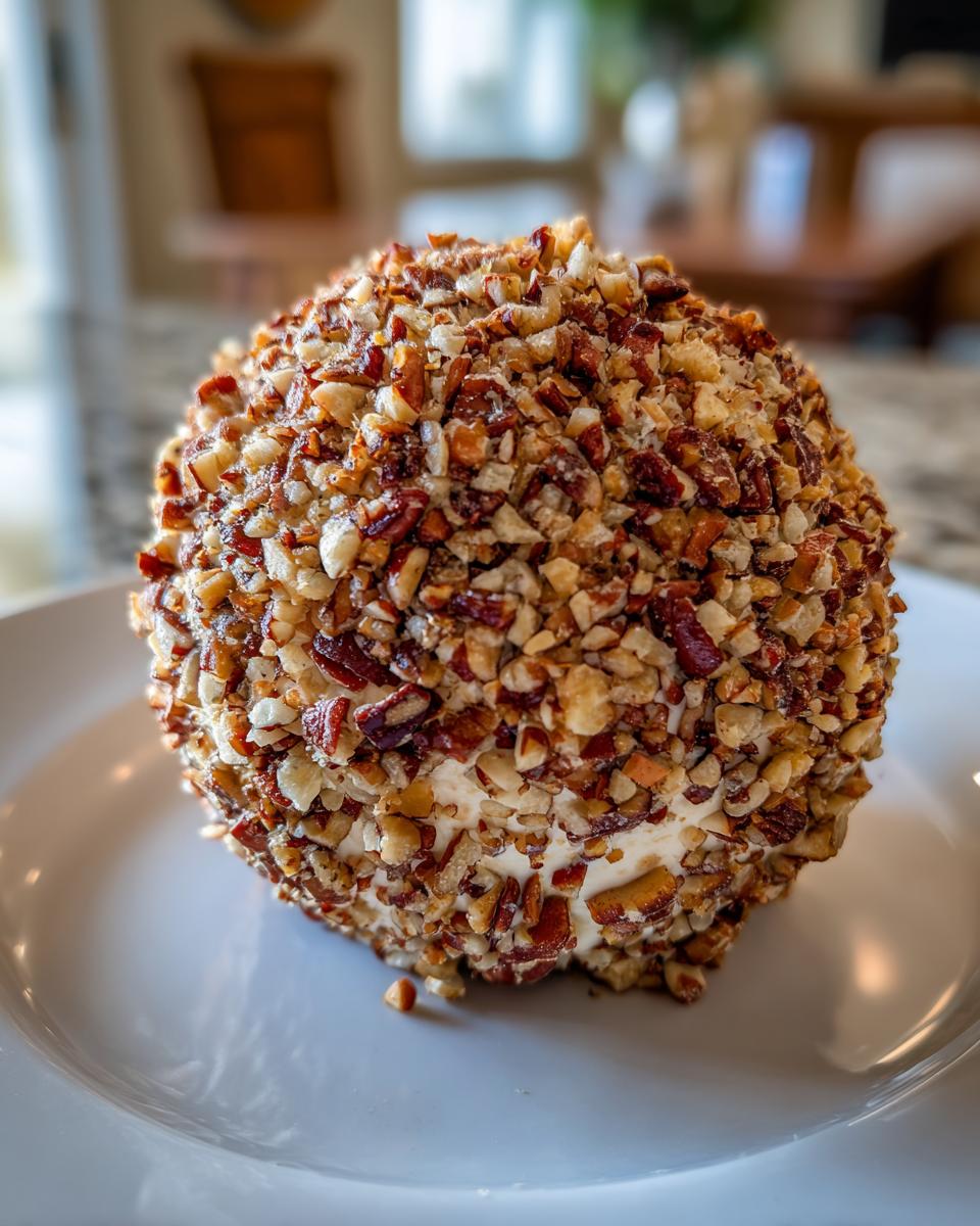 A perfectly formed Holiday cheese ball coated entirely in finely chopped pecans, resting on a white plate.