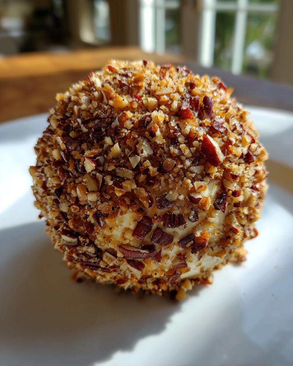 A perfectly formed Holiday cheese ball coated entirely in chopped pecans, sitting on a white plate.